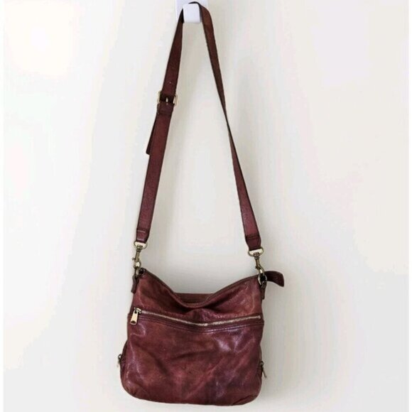 Liebeskind Crossbody Bag Anny Fire Red Aged Leather Zip Flannel Plaid Lined Boho - Picture 2 of 16